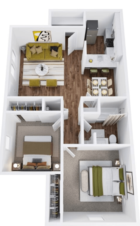 a 3d floor plan of a house with a bedroom and a living room